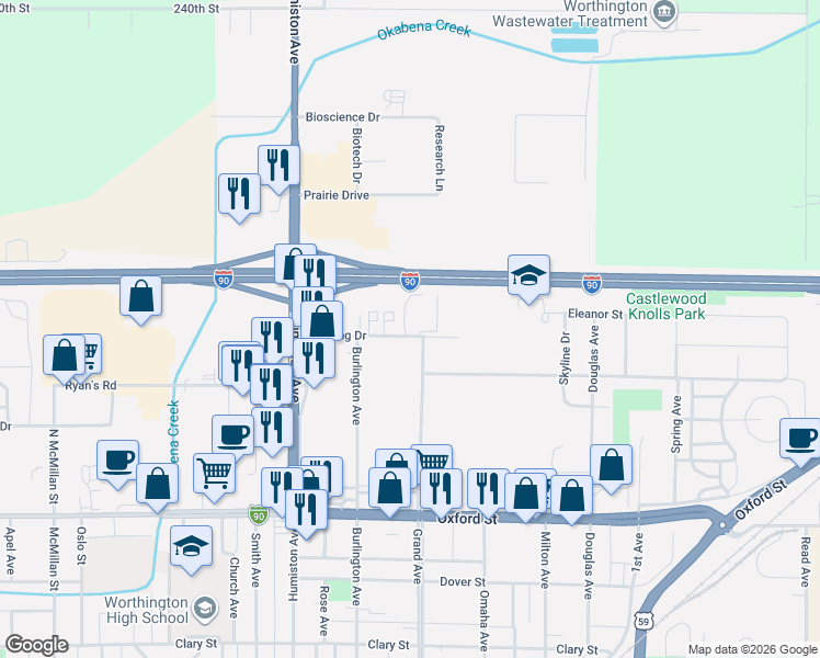 map of restaurants, bars, coffee shops, grocery stores, and more near 1545 Darling Drive in Worthington