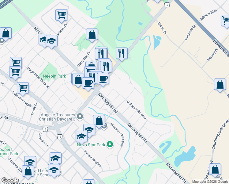 map of restaurants, bars, coffee shops, grocery stores, and more near 354 Oaktree Circle in Mississauga