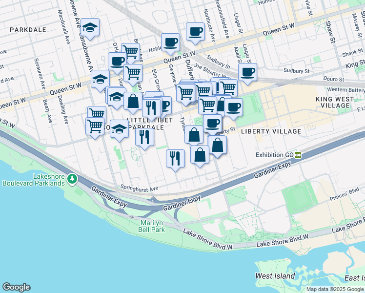 map of restaurants, bars, coffee shops, grocery stores, and more near 100 Tyndall Avenue in Toronto