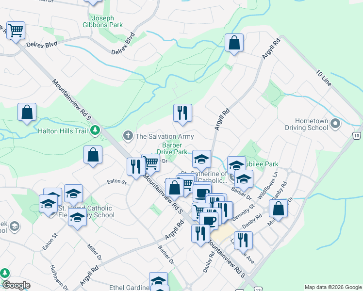 map of restaurants, bars, coffee shops, grocery stores, and more near 39 Treanor Crescent in Halton Hills