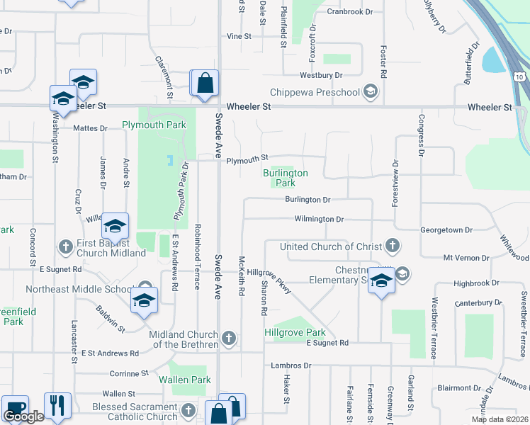 map of restaurants, bars, coffee shops, grocery stores, and more near 1905 Wilmington Drive in Midland