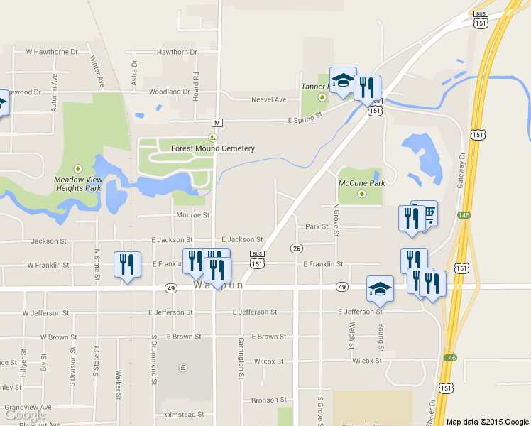 map of restaurants, bars, coffee shops, grocery stores, and more near 234 Rounsville Street in Waupun