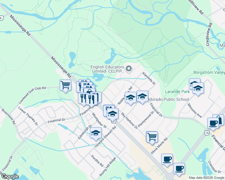 map of restaurants, bars, coffee shops, grocery stores, and more near 12 Stonecrop Road in Brampton