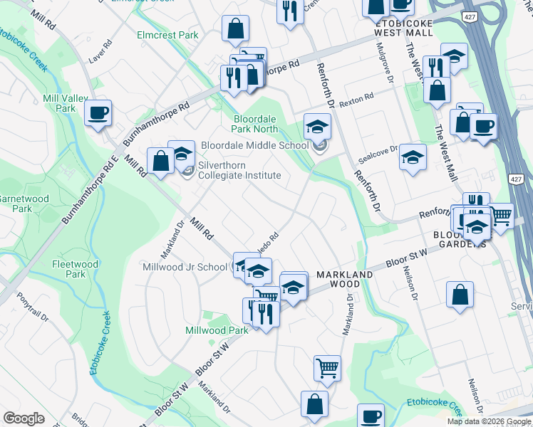 map of restaurants, bars, coffee shops, grocery stores, and more near 11 Grasspoint Crescent in Toronto