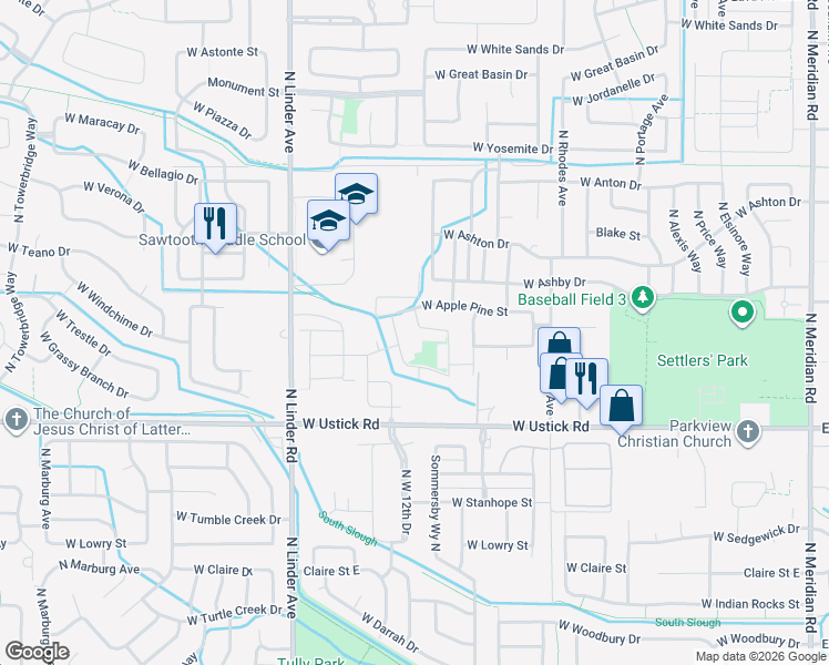 map of restaurants, bars, coffee shops, grocery stores, and more near 3507 Northwest 11th Avenue in Meridian