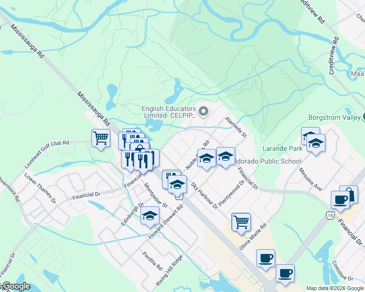 map of restaurants, bars, coffee shops, grocery stores, and more near 12 Stonecrop Road in Brampton