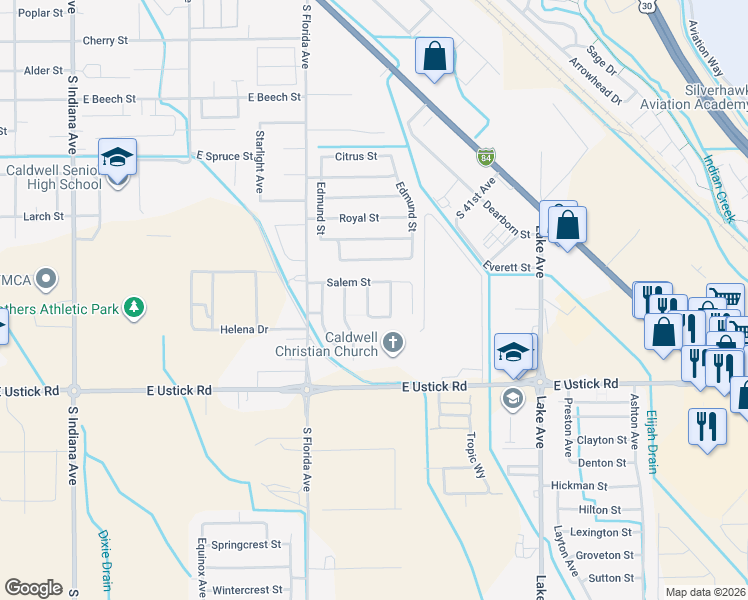 map of restaurants, bars, coffee shops, grocery stores, and more near 3802 Topeka Avenue in Caldwell