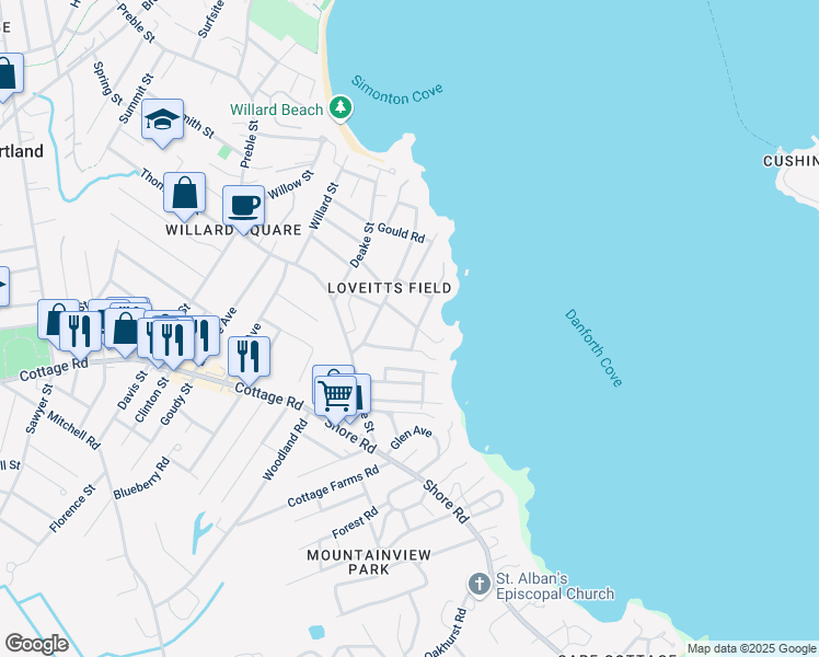 map of restaurants, bars, coffee shops, grocery stores, and more near 25 Ledge in South Portland