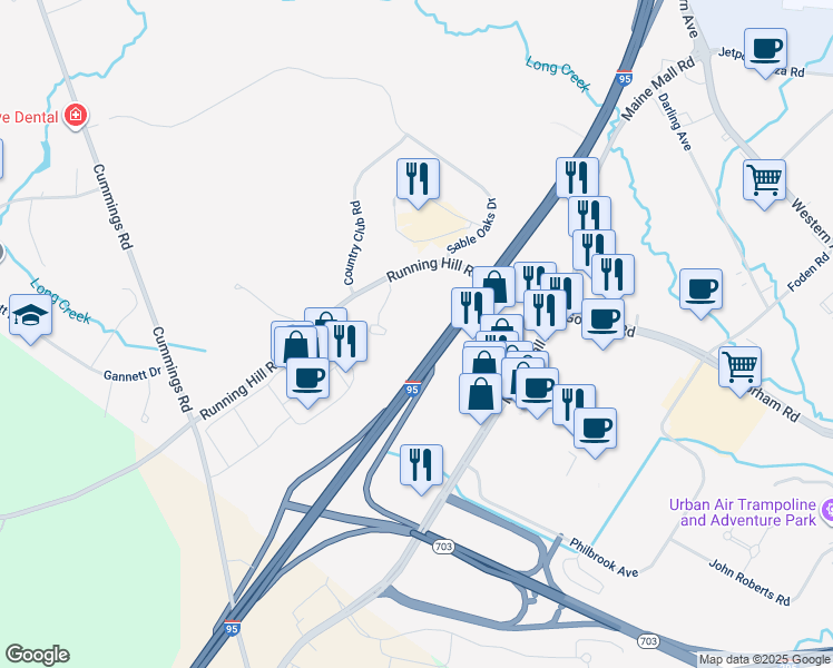 map of restaurants, bars, coffee shops, grocery stores, and more near 74 Running Hill Road in South Portland