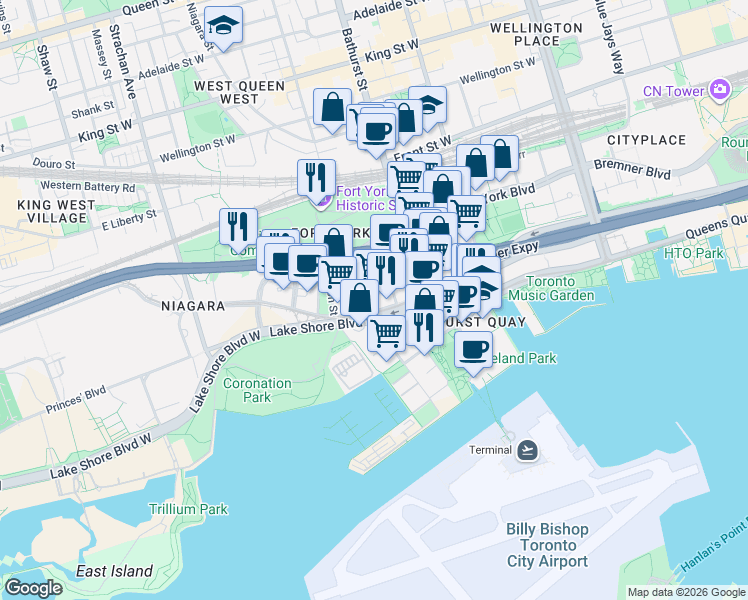 map of restaurants, bars, coffee shops, grocery stores, and more near 21 Grand Magazine Street in Toronto