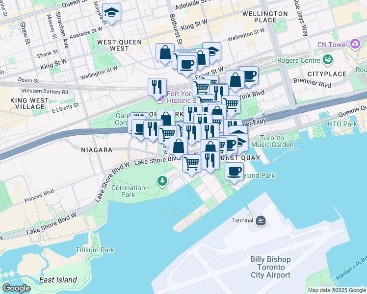 map of restaurants, bars, coffee shops, grocery stores, and more near 16 Grand Magazine Street in Toronto