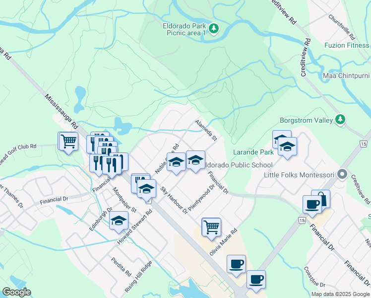 map of restaurants, bars, coffee shops, grocery stores, and more near 2 Attraction Drive in Brampton