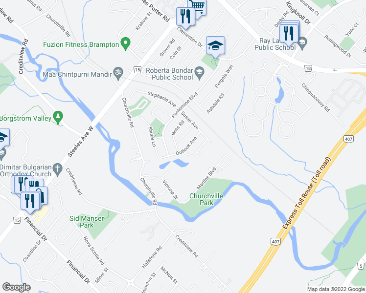 map of restaurants, bars, coffee shops, grocery stores, and more near 26 Outlook Avenue in Brampton