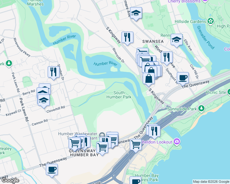 map of restaurants, bars, coffee shops, grocery stores, and more near Humber River Recreational Trail in Toronto