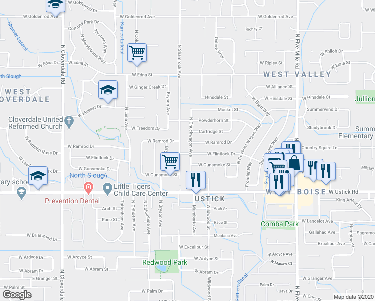 map of restaurants, bars, coffee shops, grocery stores, and more near 11366 West Flintlock Drive in Boise