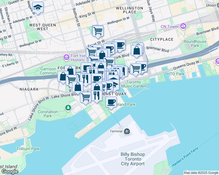 map of restaurants, bars, coffee shops, grocery stores, and more near 628 Queens Quay West in Toronto