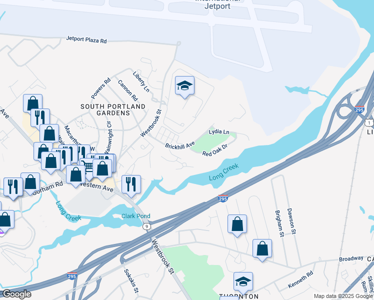 map of restaurants, bars, coffee shops, grocery stores, and more near 1 Red Oak Drive in South Portland