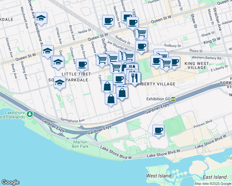 map of restaurants, bars, coffee shops, grocery stores, and more near 8 Temple Avenue in Toronto