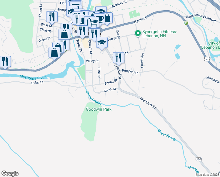 map of restaurants, bars, coffee shops, grocery stores, and more near 11 South Street in Lebanon