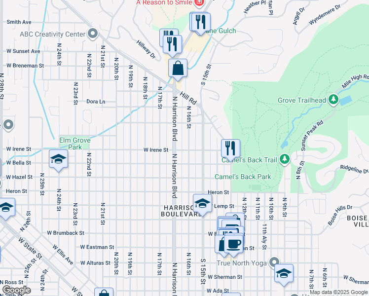 map of restaurants, bars, coffee shops, grocery stores, and more near 2004 North Harrison Boulevard in Boise
