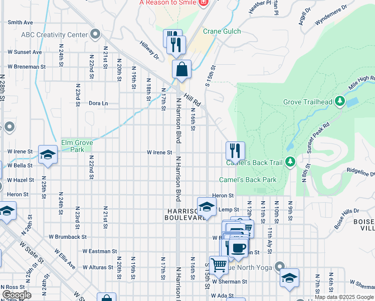 map of restaurants, bars, coffee shops, grocery stores, and more near 2004 North Harrison Boulevard in Boise