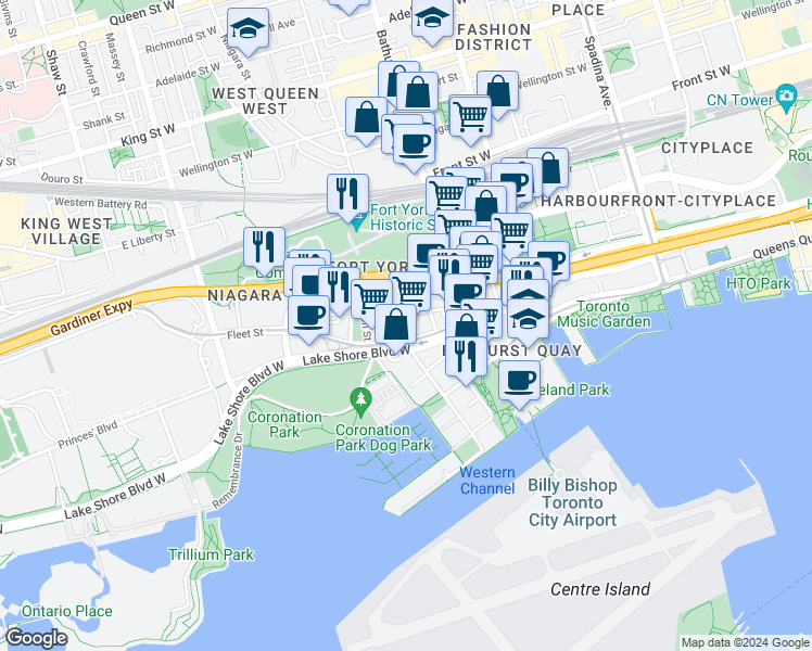 map of restaurants, bars, coffee shops, grocery stores, and more near in Toronto