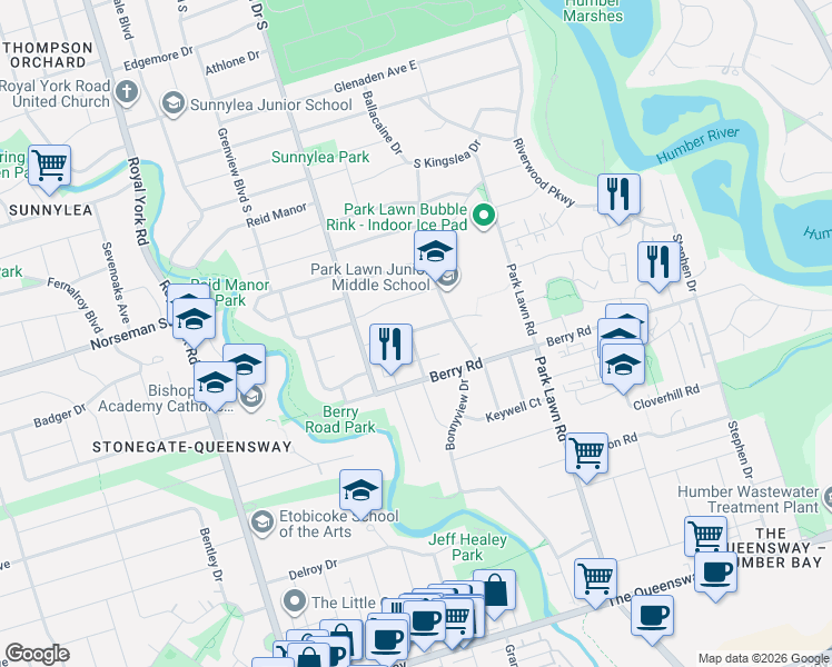 map of restaurants, bars, coffee shops, grocery stores, and more near 252 Royal York Road in Toronto