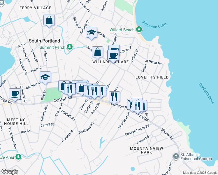map of restaurants, bars, coffee shops, grocery stores, and more near 62 Elsmere Avenue in South Portland
