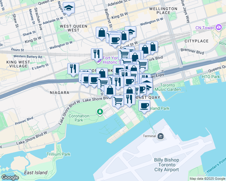 map of restaurants, bars, coffee shops, grocery stores, and more near 21 Grand Magazine Street in Toronto