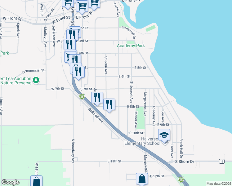 map of restaurants, bars, coffee shops, grocery stores, and more near 1304 Frank Avenue in Albert Lea