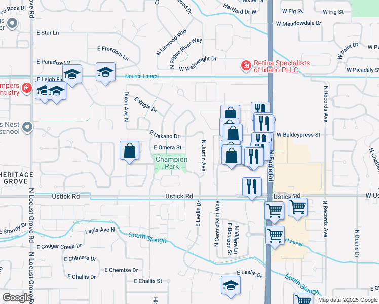 map of restaurants, bars, coffee shops, grocery stores, and more near 3512 N Leslie Way in Meridian