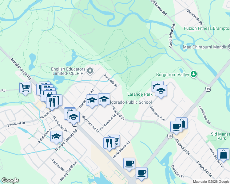 map of restaurants, bars, coffee shops, grocery stores, and more near 7 Sacramento Road in Brampton