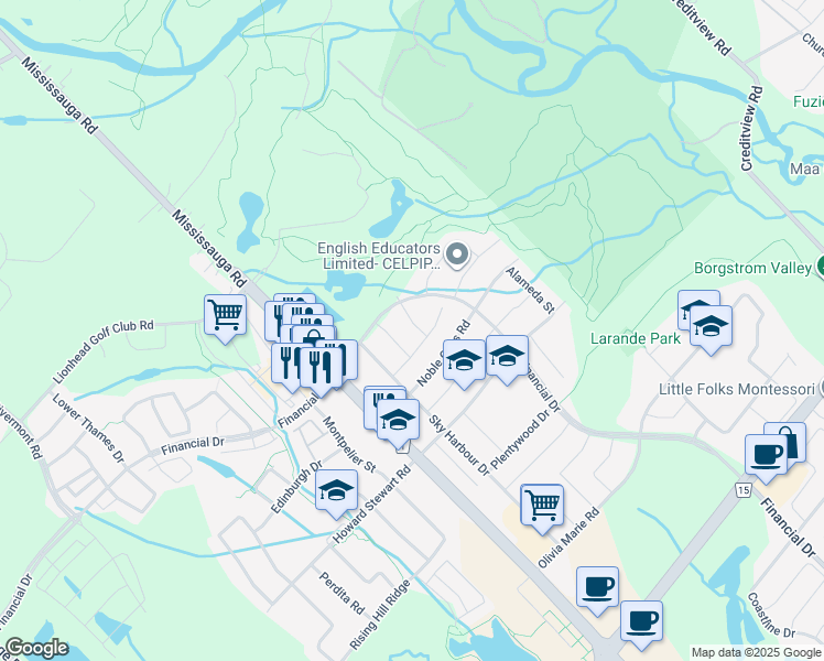 map of restaurants, bars, coffee shops, grocery stores, and more near 12 Stonecrop Road in Brampton