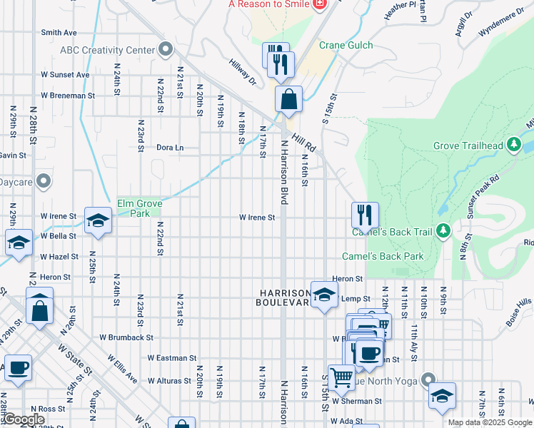 map of restaurants, bars, coffee shops, grocery stores, and more near 1670 West Irene Street in Boise