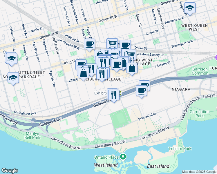 map of restaurants, bars, coffee shops, grocery stores, and more near in Toronto