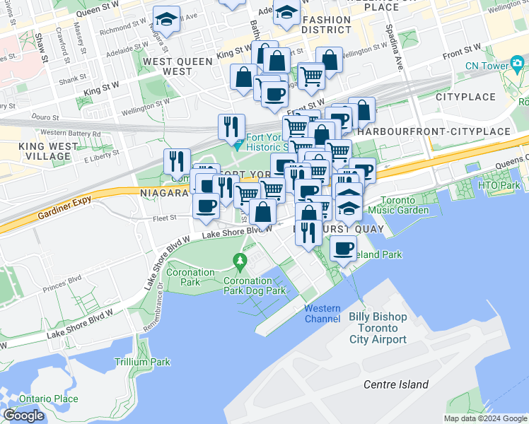 map of restaurants, bars, coffee shops, grocery stores, and more near 16 Grand Magazine Street in Toronto