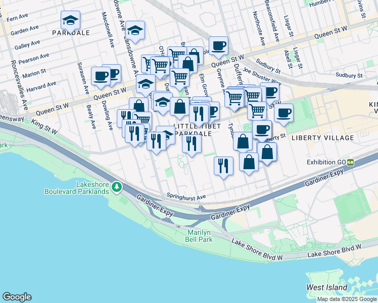 map of restaurants, bars, coffee shops, grocery stores, and more near 147 Dunn Avenue in Toronto