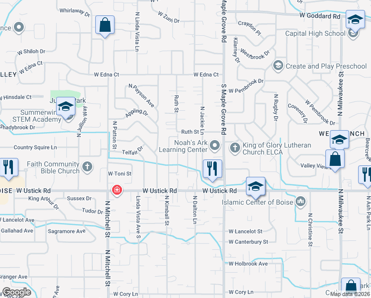 map of restaurants, bars, coffee shops, grocery stores, and more near 3397 North Yonkers Lane in Boise
