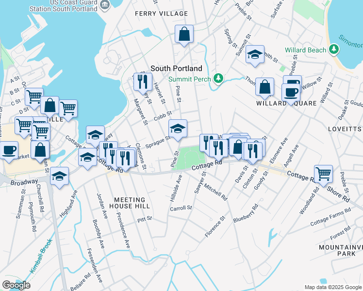 map of restaurants, bars, coffee shops, grocery stores, and more near 344 Pine Street in South Portland