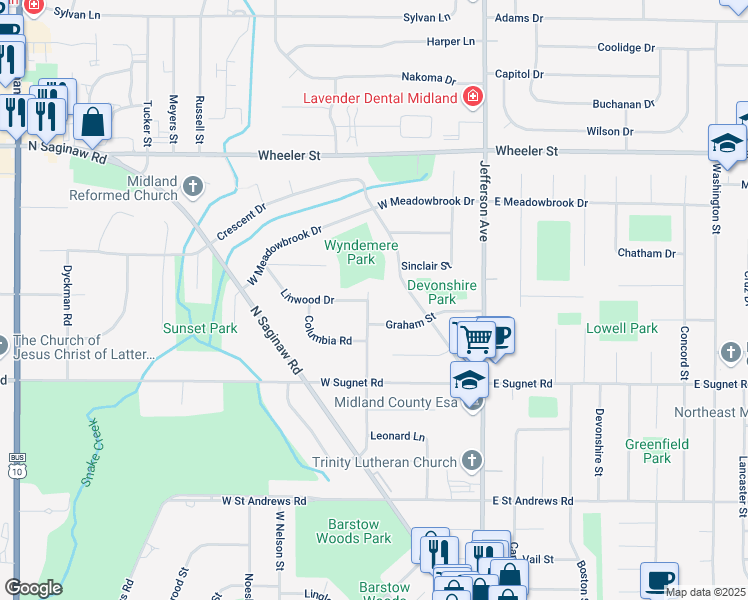 map of restaurants, bars, coffee shops, grocery stores, and more near 4214 Woodlawn Street in Midland