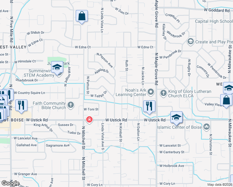 map of restaurants, bars, coffee shops, grocery stores, and more near 3460 North Pepperwood Drive in Boise