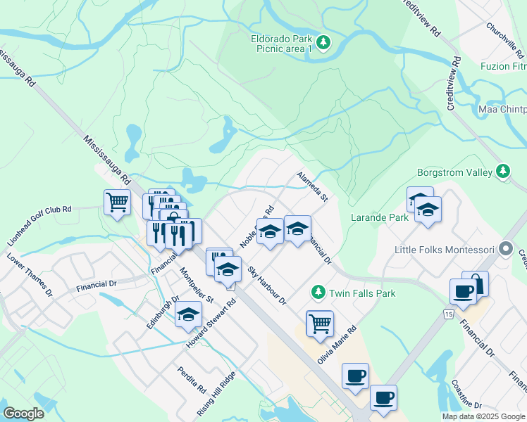 map of restaurants, bars, coffee shops, grocery stores, and more near 10 Noble Oaks Road in Brampton