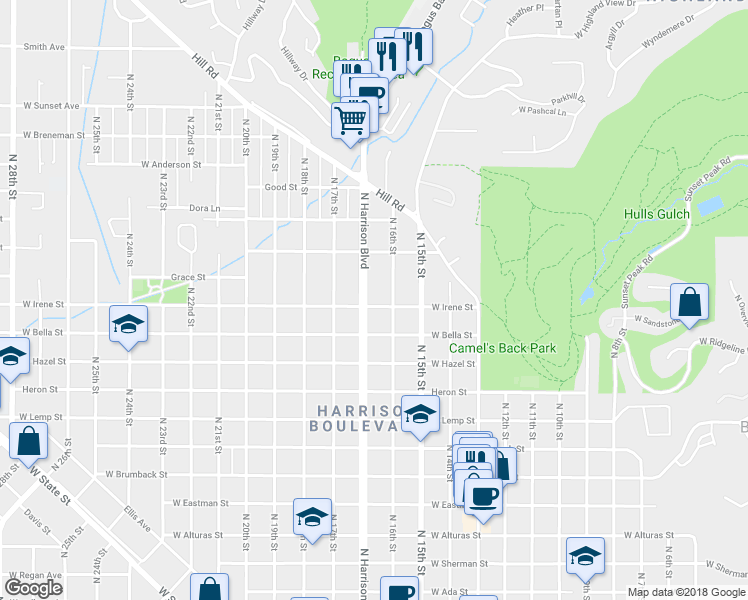map of restaurants, bars, coffee shops, grocery stores, and more near 2004 North Harrison Boulevard in Boise