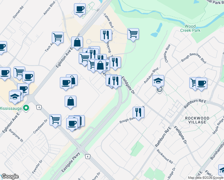 map of restaurants, bars, coffee shops, grocery stores, and more near 4444 Eastgate Parkway in Mississauga