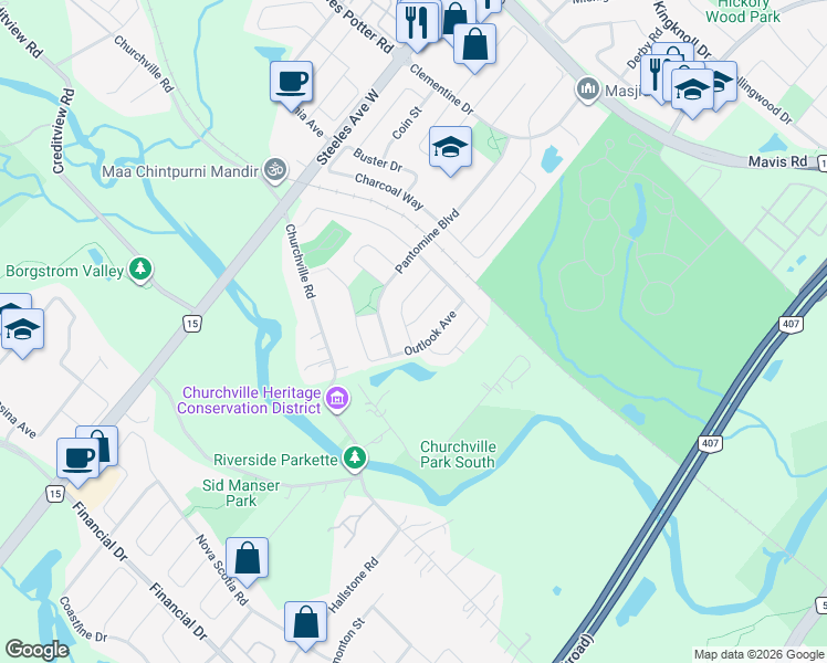 map of restaurants, bars, coffee shops, grocery stores, and more near 26 Outlook Avenue in Brampton
