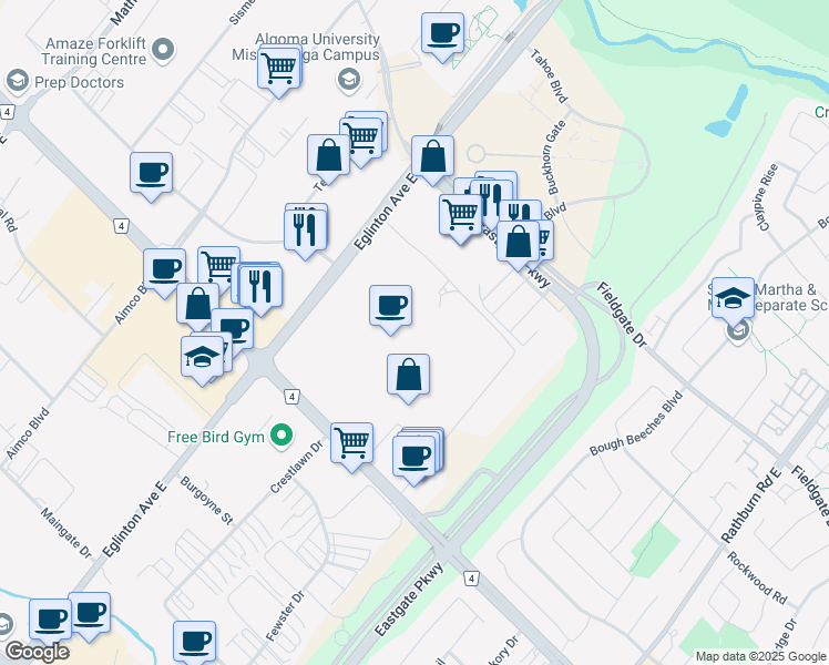 map of restaurants, bars, coffee shops, grocery stores, and more near 4567 Dixie Road in Mississauga