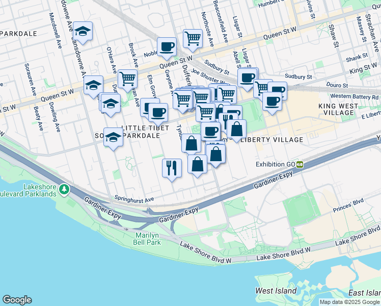 map of restaurants, bars, coffee shops, grocery stores, and more near 99 Tyndall Avenue in Toronto