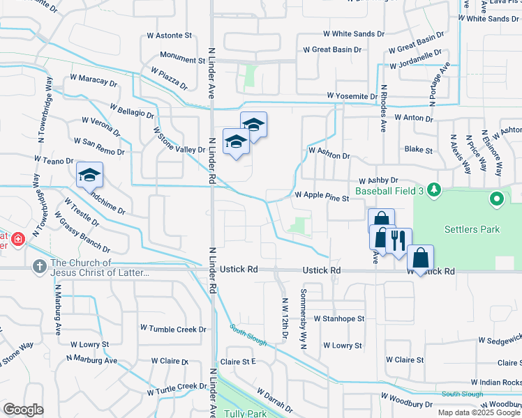 map of restaurants, bars, coffee shops, grocery stores, and more near 1370 North Llama Lane in Meridian