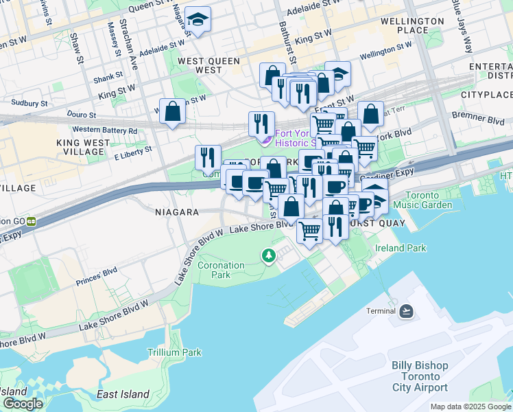 map of restaurants, bars, coffee shops, grocery stores, and more near 215 Fort York Boulevard in Toronto