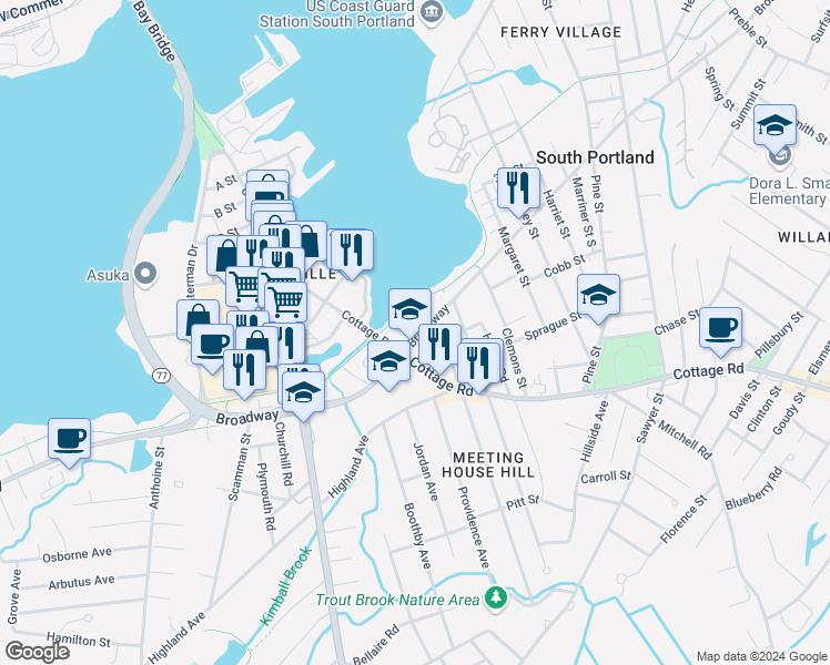 map of restaurants, bars, coffee shops, grocery stores, and more near 433 Broadway in South Portland